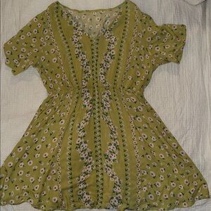 SHEIN Green Floral Ruffle Dress with White & Pink Blooms